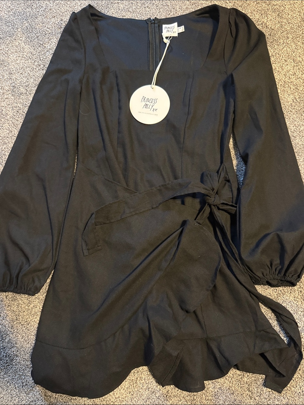 NWT Princess Polly Black Long Sleeve Wrap Dress with Ruffle Hem